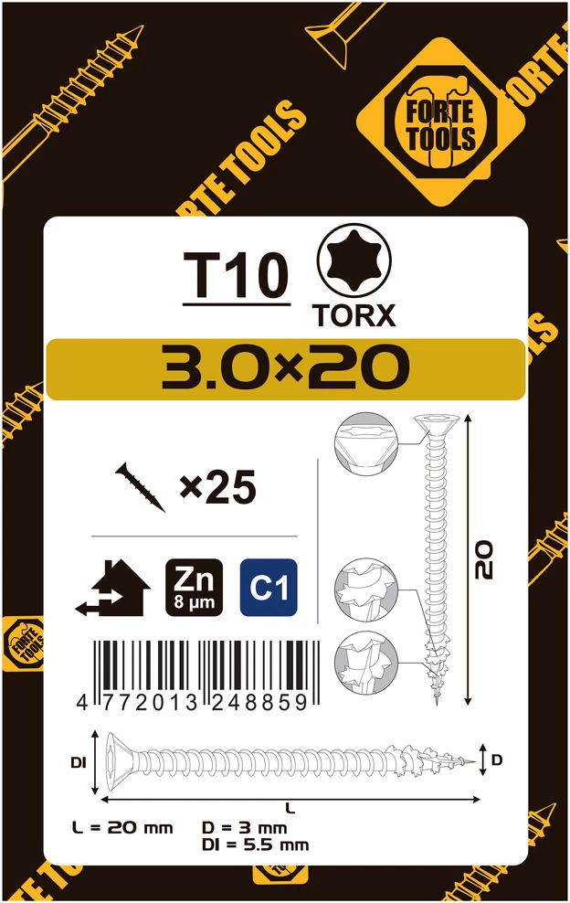 Forte_Tools Medsraigčiai FORTE TOOLS, 3×20 mm, ZN, TX10, 25 vnt.