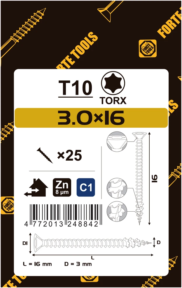Forte_Tools Medsraigčiai FORTE TOOLS, 3×16 mm, ZN, TX10, 25 vnt.