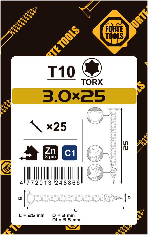 Medsraigčiai FORTE TOOLS. 3×25 mm. ZN. TX10. 25 vnt.