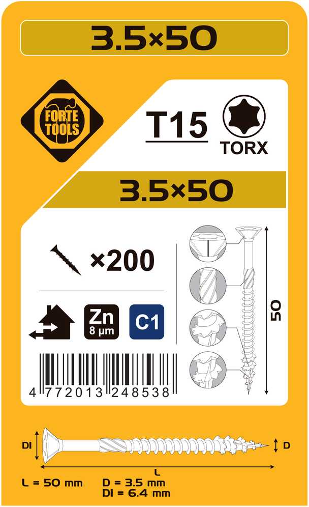 Forte Tools „Forte“ medžio drožlių plokštės SCR T15 3.5X50 Baltas ZN(200)