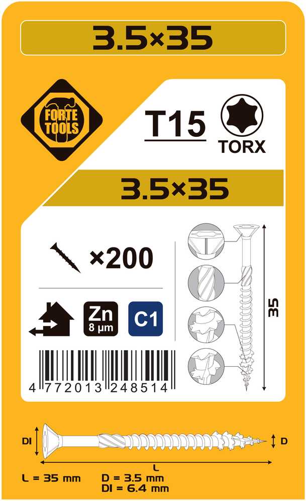 Forte_Tools Medraigčiai FORTE TOOLS, 3,5×35 mm, ZN, TX15, 200 vnt.