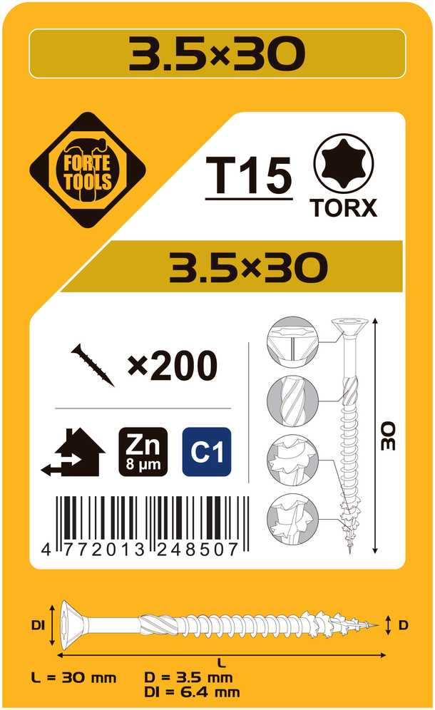 Forte_Tools Įrankiai FORTE TOOLS, 3,5×30 mm, ZN, TX15, 200 vnt.