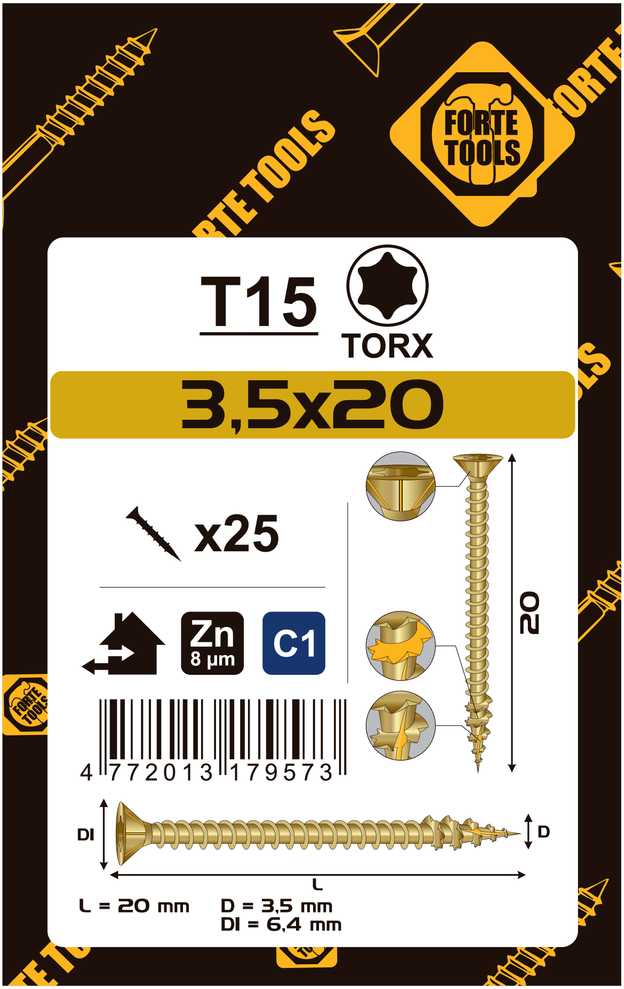 Forte Tools Forte_Tools Medsraigčiai 3,5 x 20 mm, ZN, TX15, 25 vnt.