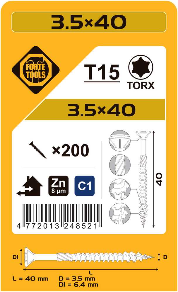 Forte Tools „Forte“ medžio drožlių plokštės SCR T15 3.5X40 Baltas ZN(200)