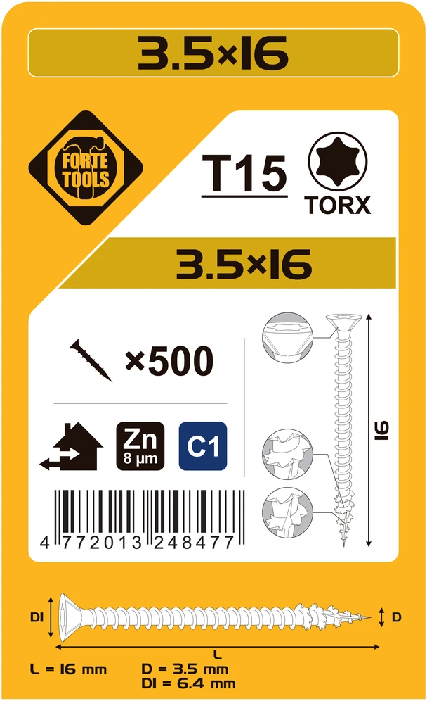 Forte_Tools Medraigčiai FORTE TOOLS, 3,5×16 mm, ZN, TX15, 500 vnt.