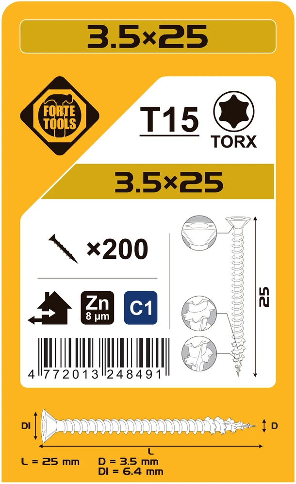 Forte_Tools Medraigčiai FORTE TOOLS, 3,5×25 mm, ZN, TX15, 200 vnt.