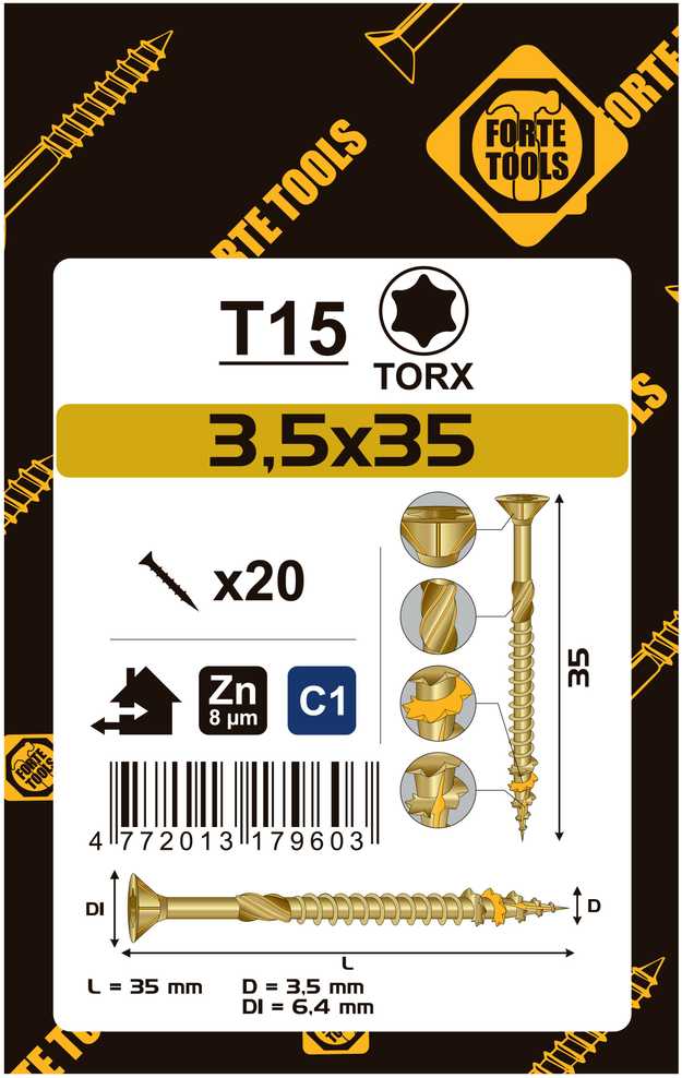 Forte Tools Forte_Tools Medsraigčiai 3,5 x 35 mm, ZN, TX15, 20 vnt.