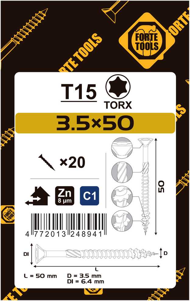 Forte_Tools Medsraigčiai FORTE TOOLS, 3,5×50 mm, ZN, TX15, 20 vnt.