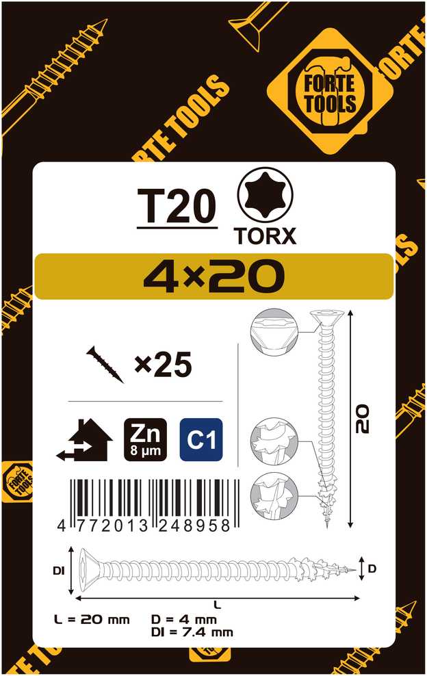 Forte_Tools Medsraigčiai FORTE TOOLS, 4×20 mm, ZN, TX20, 25 vnt.
