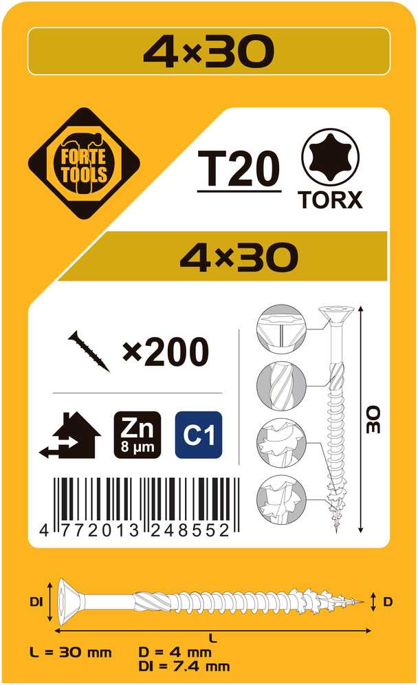 Forte_Tools Įrankiai FORTE TOOLS, 4×30 mm, ZN, TX20, 200 vnt.