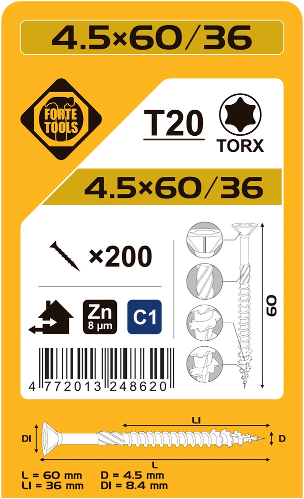 Forte Tools Forte medžio drožlių plokštė SCR T20 4.5X60/36 Baltas ZN(200