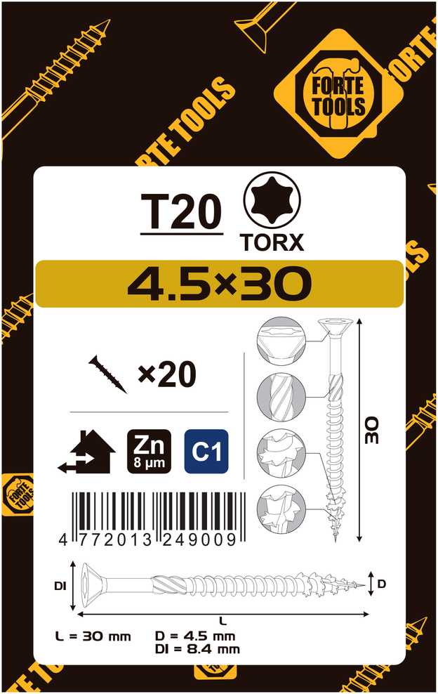 Forte_Tools Medsraigčiai FORTE TOOLS, 4,5×30 mm, ZN, TX20, 20 vnt.
