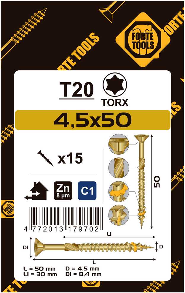 Forte Tools Forte_Tools Medsraigčiai 4,5 x 50/30 mm, ZN, TX20, 15 vnt.