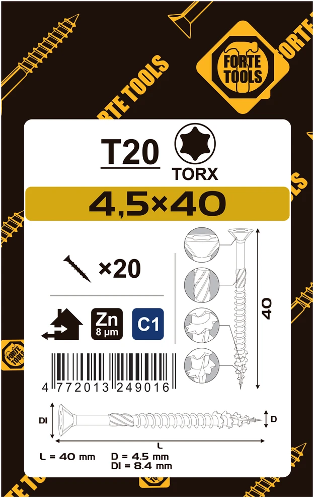 Forte_Tools Medsraigčiai FORTE TOOLS, 4,5×40 mm, ZN, TX20, 20 vnt.