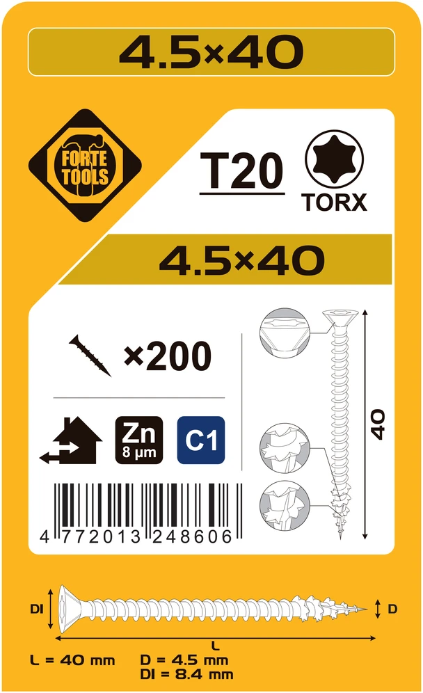 Forte Tools Forte CIP BOARD SCR T20 4,5X40 Baltas ZN(200)