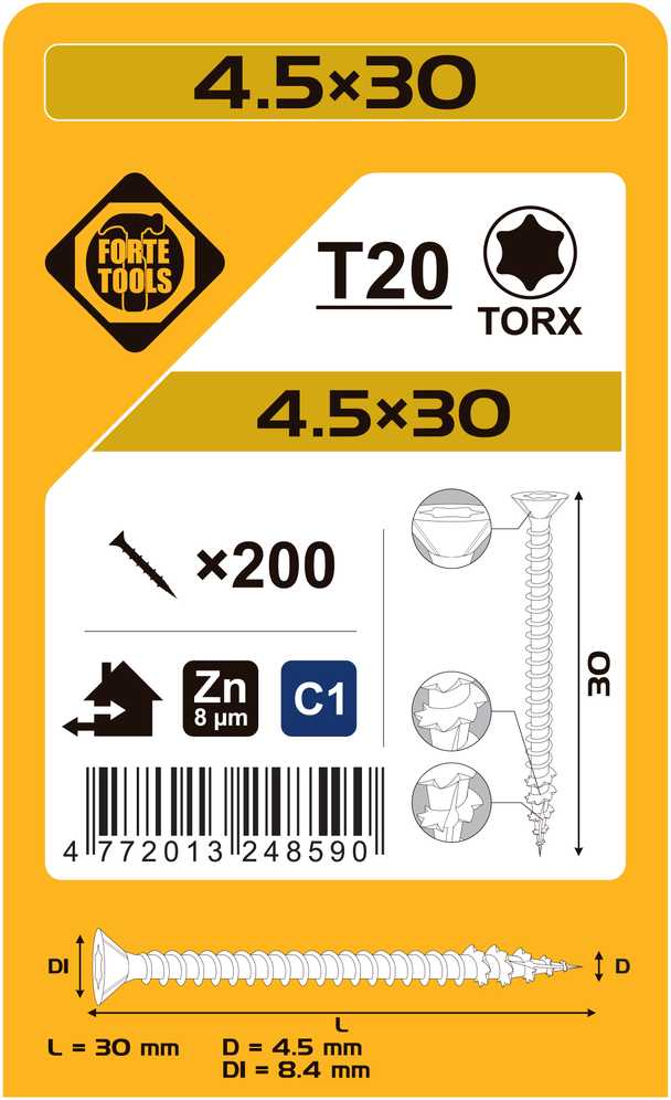 Forte_Tools Įrankiai FORTE TOOLS, 4,5×30 mm, ZN, TX20, 200 vnt.