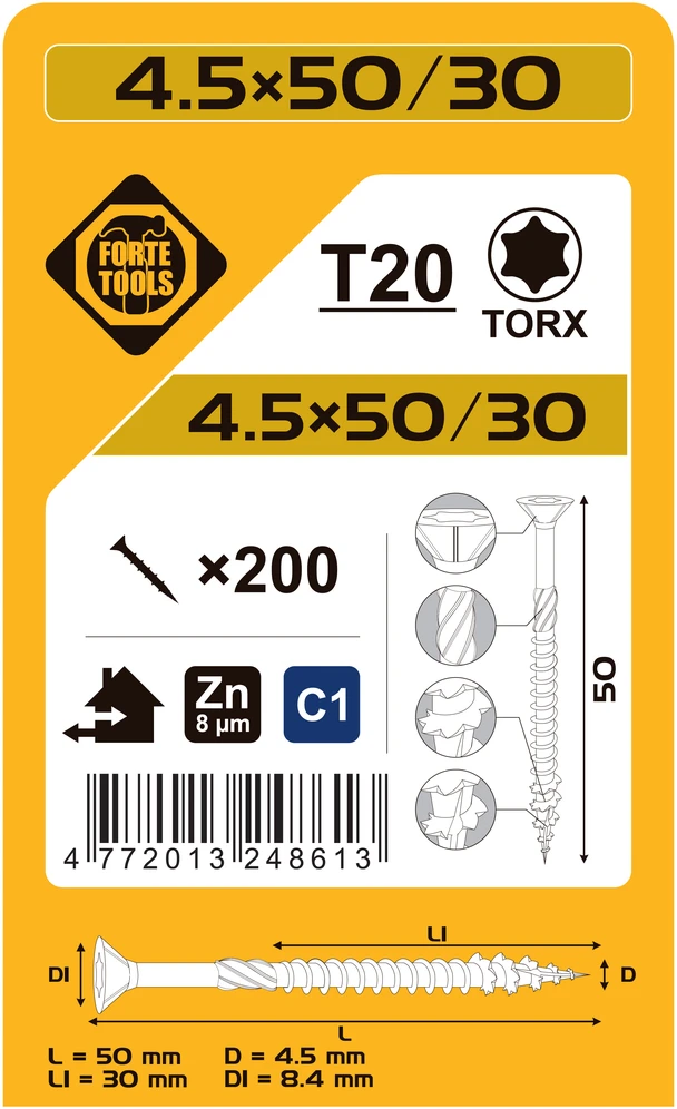 Forte Tools Forte medžio drožlių plokštė SCR T20 4.5X50/30 Baltas ZN(200