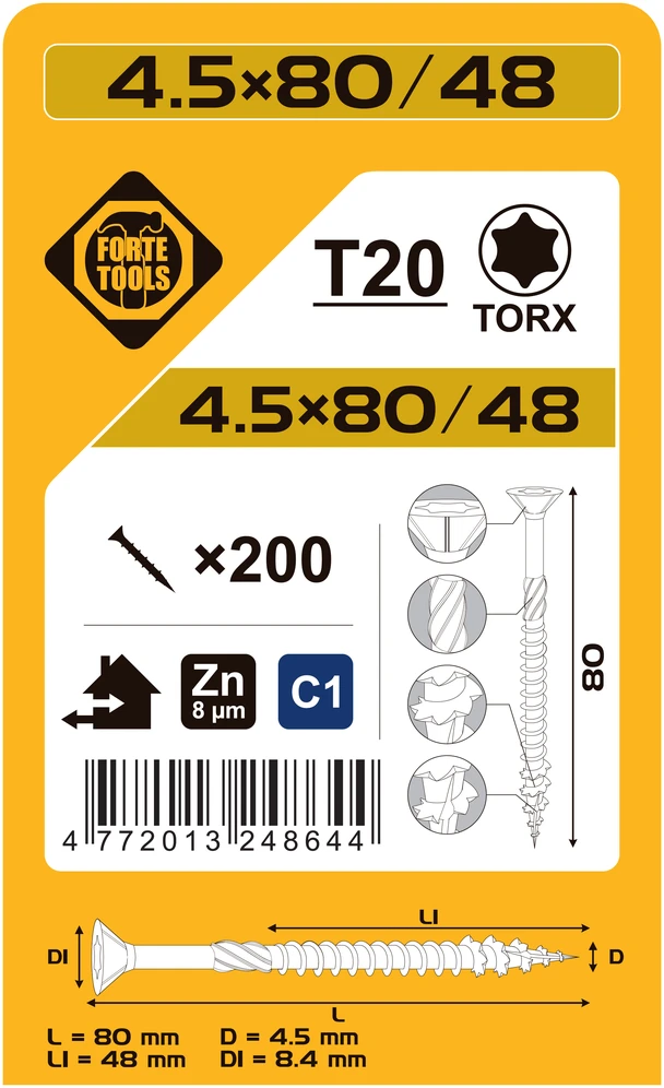 Forte Tools Forte medžio drožlių plokštė SCR T20 4.5X80/48 Baltas ZN(200