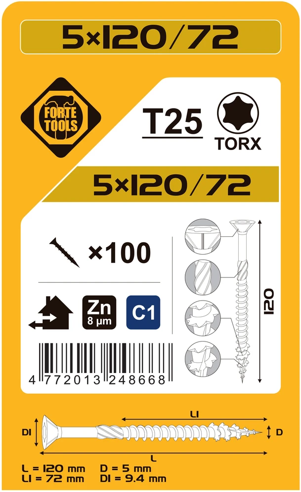 Forte Tools Forte medžio drožlių plokštės SCR T25 5.0X120/72 BALTA ZN(100)