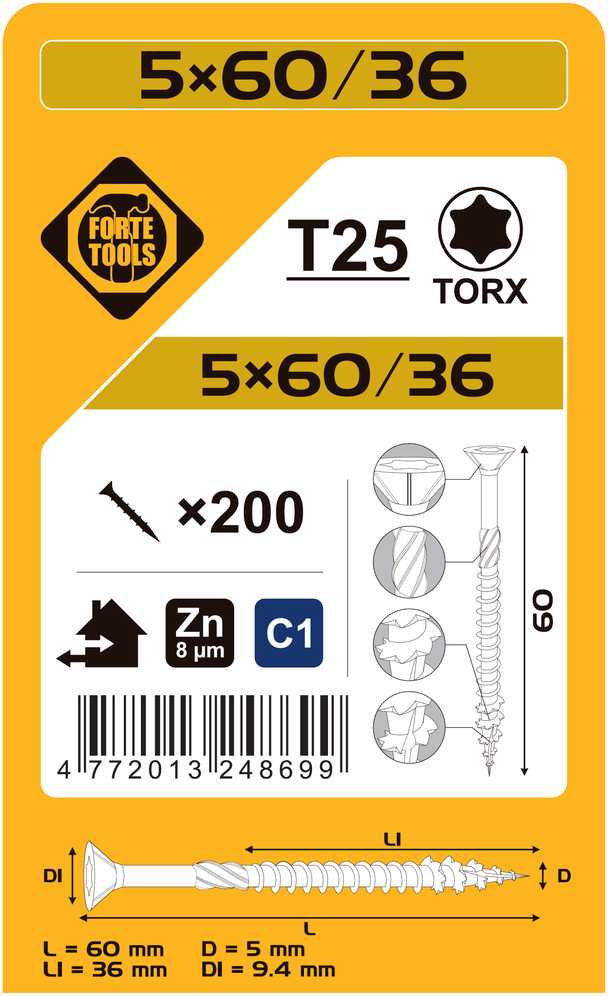 Forte_Tools Medraigčiai FORTE TOOLS, 5×60/36 mm, ZN, TX25, 200 vnt.
