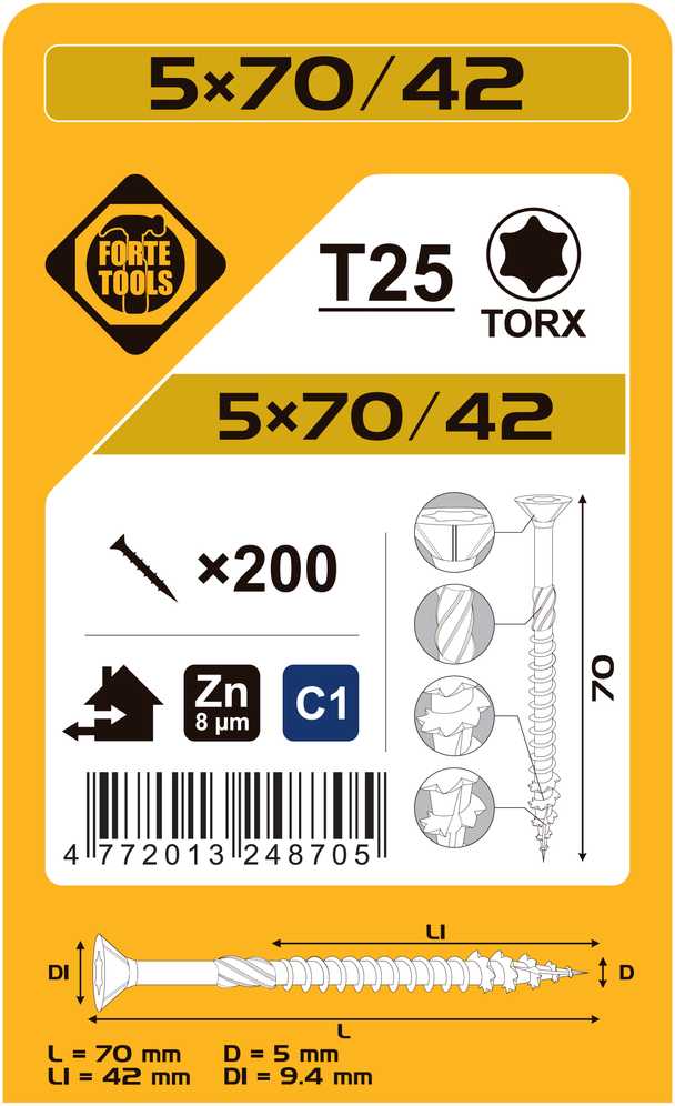 Forte_Tools Medraigčiai FORTE TOOLS, 5×70/42 mm, ZN, TX25, 200 vnt.