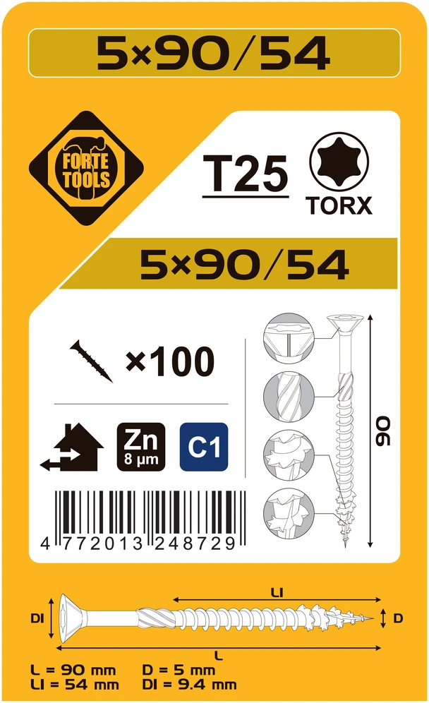 Forte Tools Forte medžio drožlių plokštė SCR T25 5.0X90/54 Baltas ZN(100