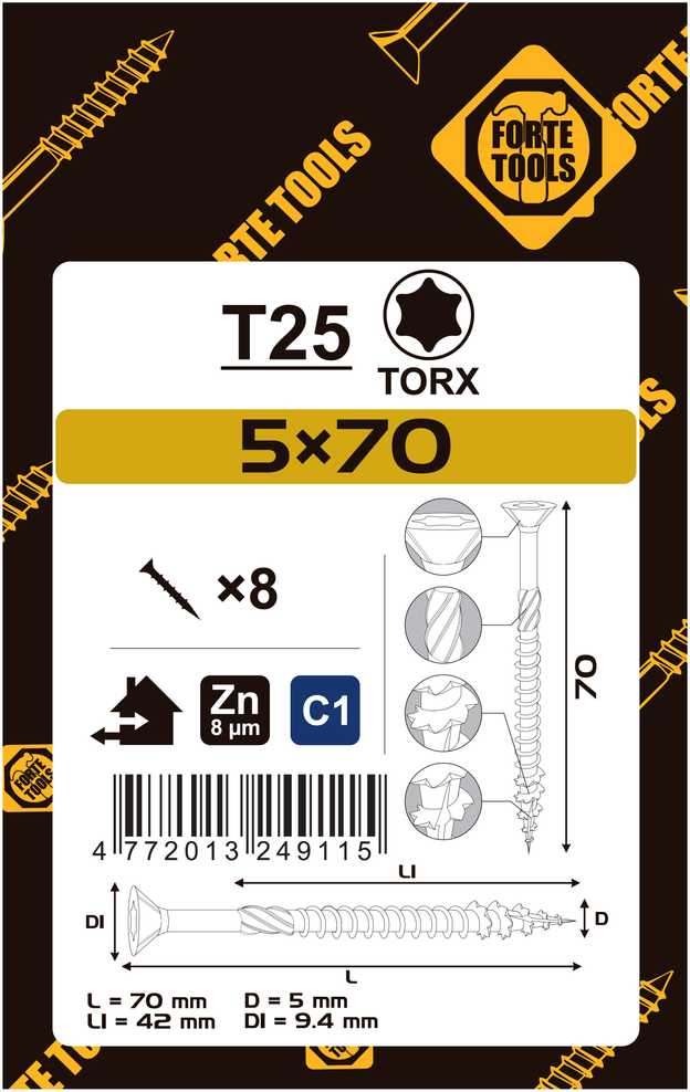 Medsraigtis, universalieji Forte Tools, 5 x 70 mm, balta sp., 8 vnt.