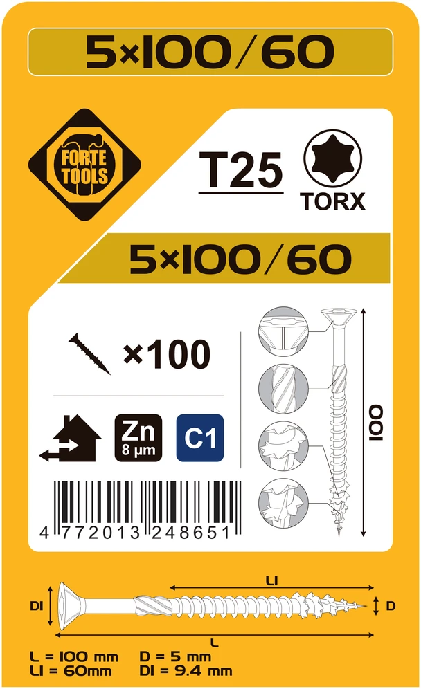 Forte Tools Forte medžio drožlių plokštės SCR T25 5.0X100/60 baltas ZN(100)