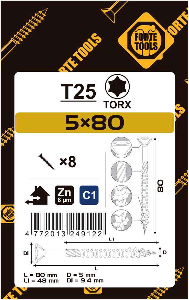 Medsraigtis, universalieji Forte Tools, 5 x 80 mm, balta sp., 8 vnt.