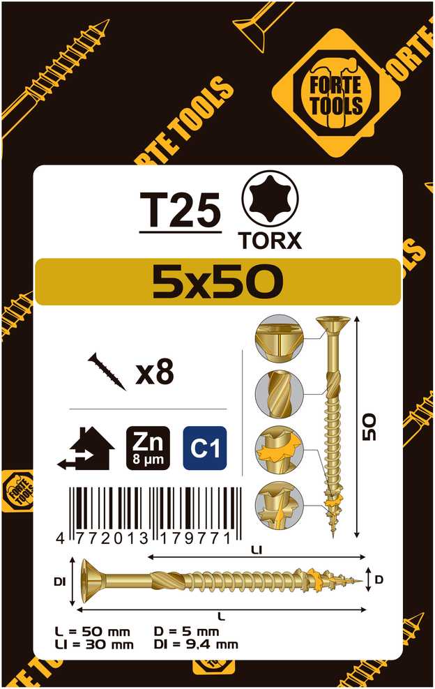 Forte Tools Forte_Tools Medsraigčiai 5 x 50/30 mm, ZN, TX25, 8 vnt.
