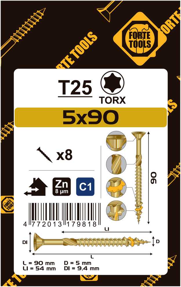 Forte Tools Forte_Tools Medsraigčiai 5 x 90/54 mm, ZN, TX25, 8 vnt.