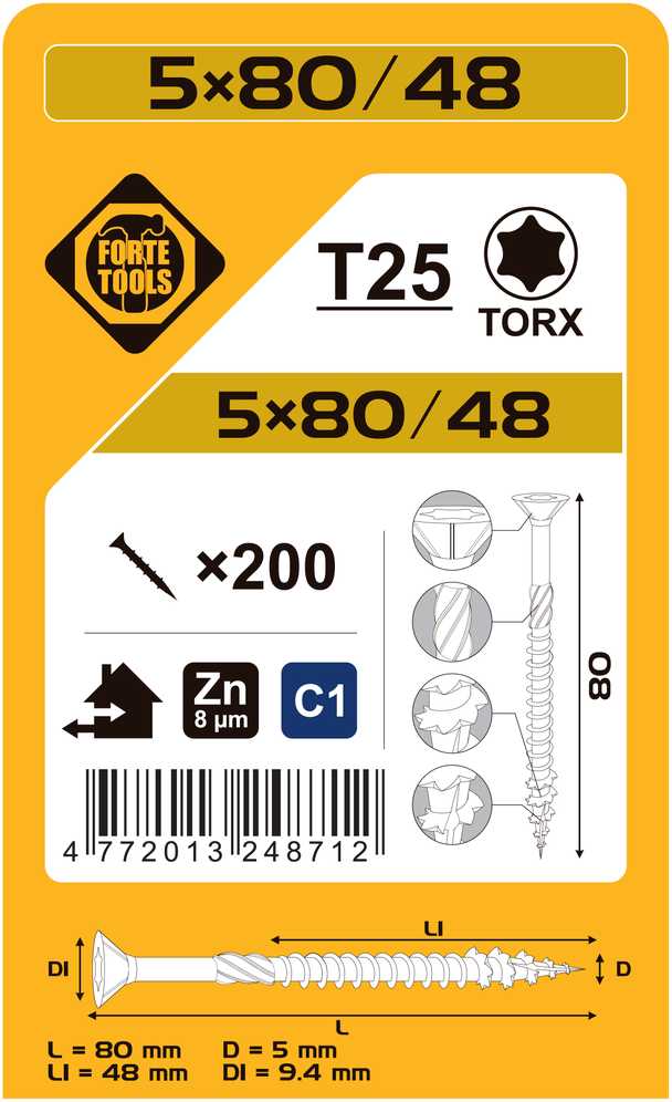 Forte_Tools Medraigčiai FORTE TOOLS, 5×80/48 mm, ZN, TX25, 200 vnt.