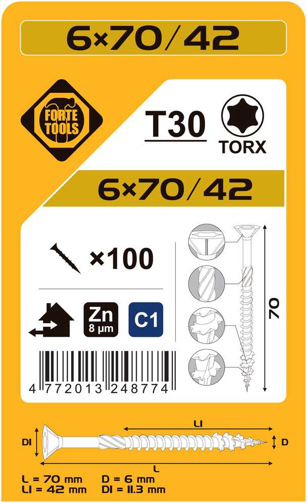 Forte_Tools Medraigčiai FORTE TOOLS, 6×70/42 mm, ZN, TX30, 100 vnt.