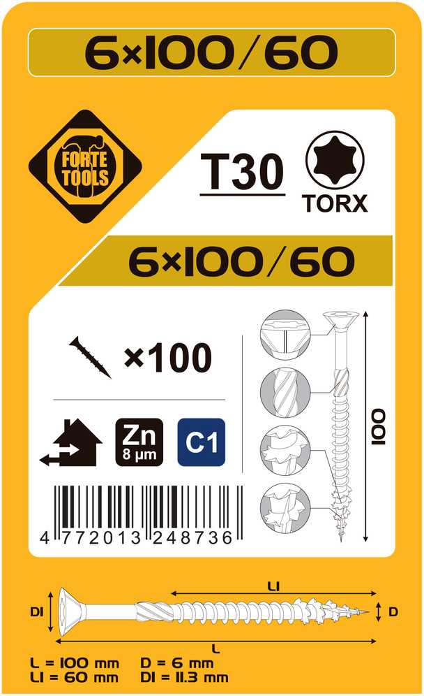 Forte_Tools Įrankiai FORTE TOOLS, 6×100/60 mm, ZN, TX30, 100 vnt.