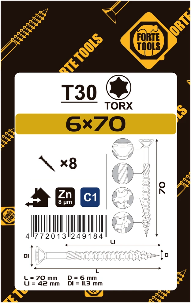 Medsraigčiai FORTE TOOLS. 6×70/42 mm. ZN. TX30. 8 vnt.