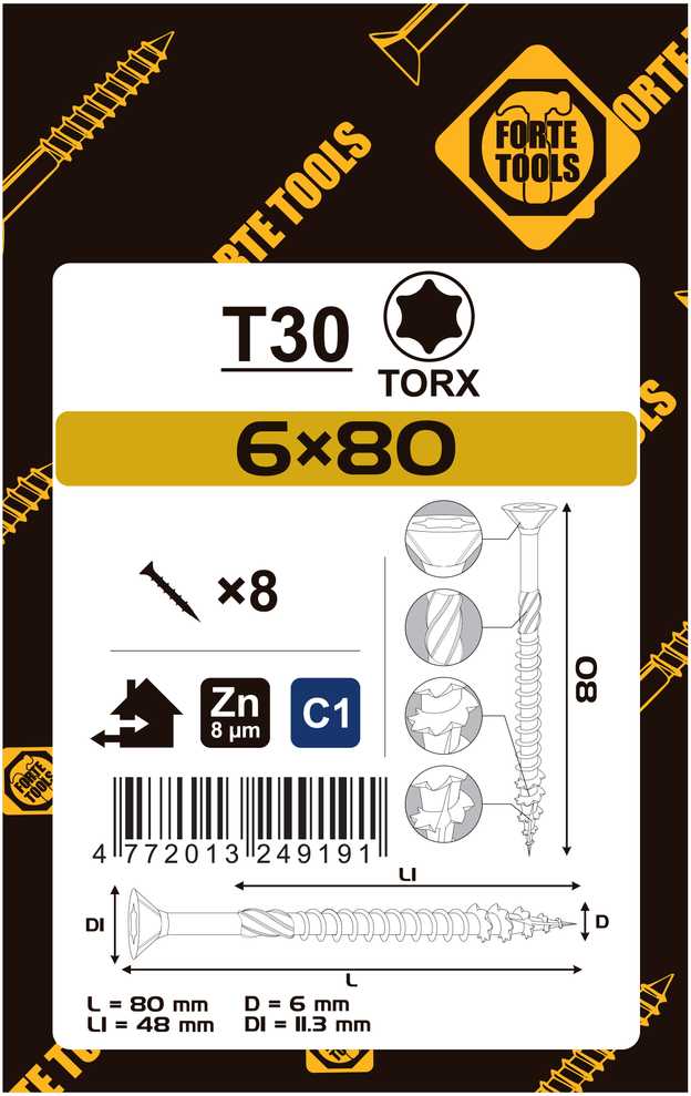 Forte_Tools Medsraigčiai FORTE TOOLS, 6×80/48 mm, ZN, TX30, 8 vnt.