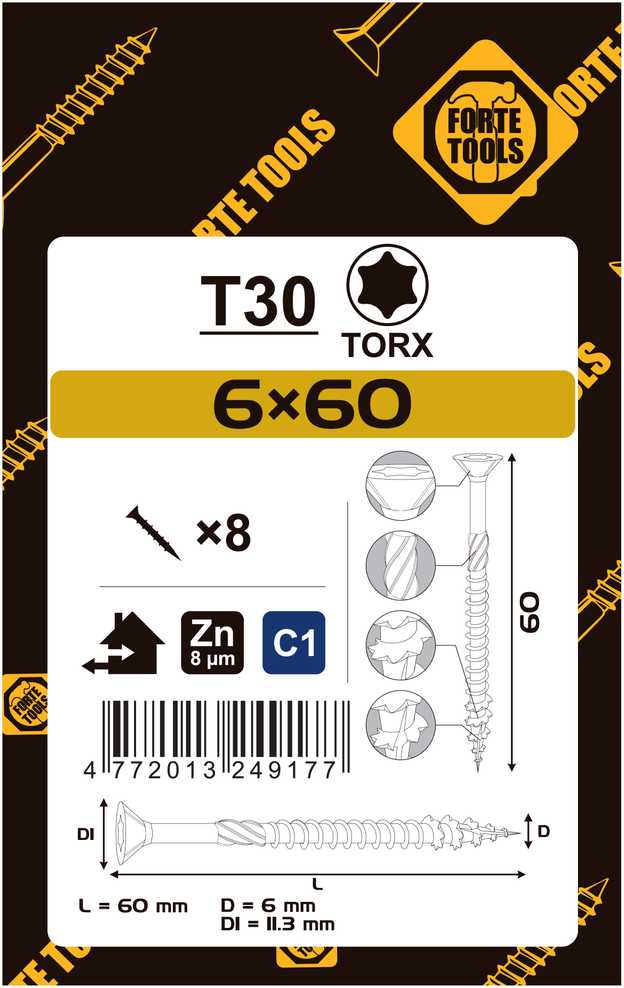 Forte_Tools Medraigčiai FORTE TOOLS, 6×60 mm, ZN, TX30, 8 vnt.