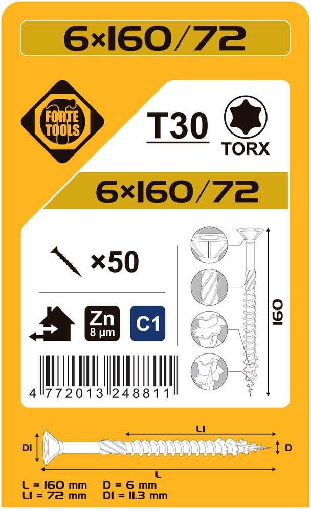 Forte_Tools Medraigčiai FORTE TOOLS, 6×160/72 mm, ZN, TX30, 50 vnt.