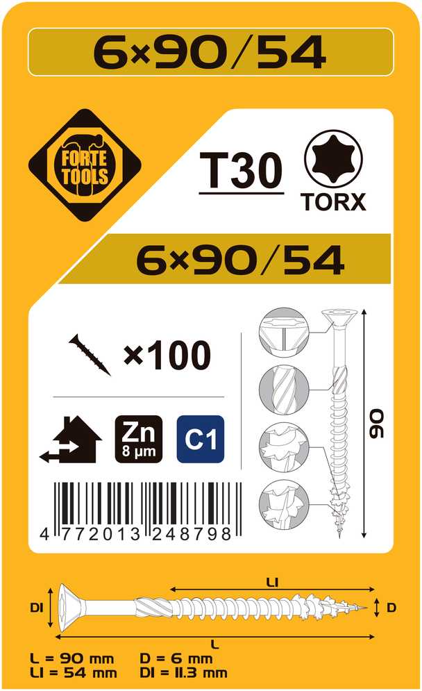 Forte Tools Forte medžio drožlių plokštė SCR T30 6.0X90/54 Baltas ZN(100