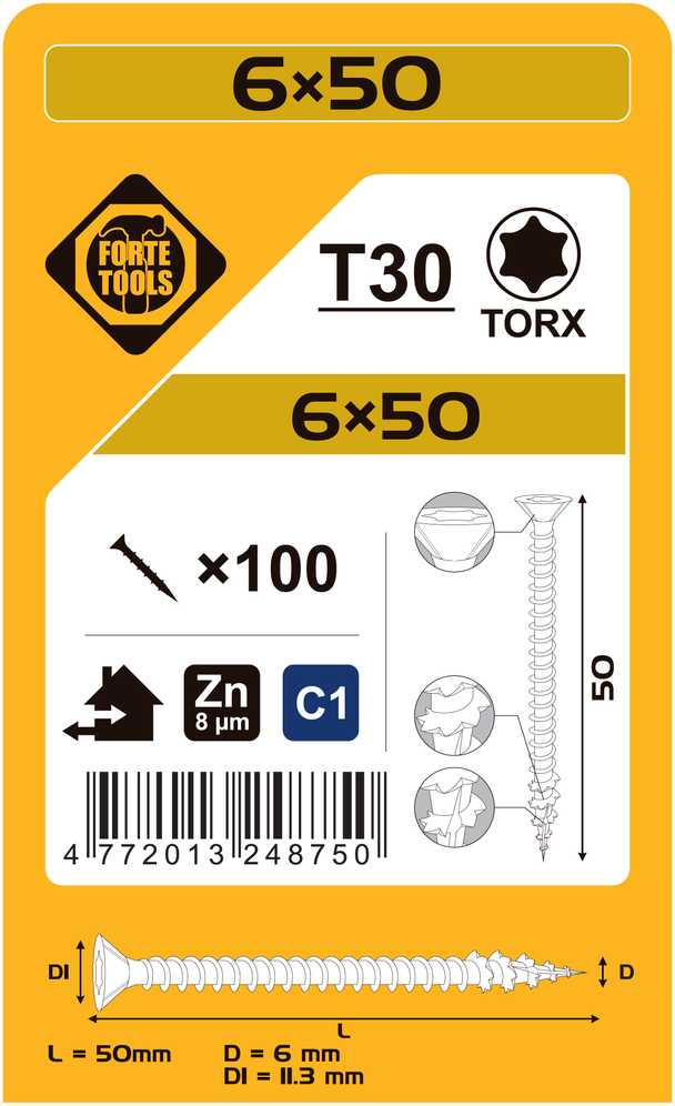 Forte_Tools Medraigčiai FORTE TOOLS, 6×50 mm, ZN, TX30, 100 vnt.