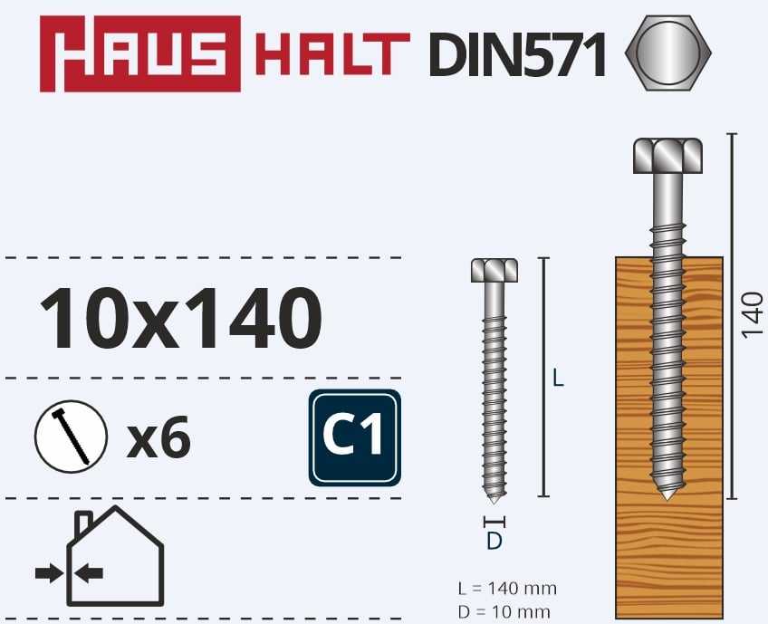 Medvaržčiai Haushalt, DIN571, 10,0 x 140 mm, ZN, 6 vnt.