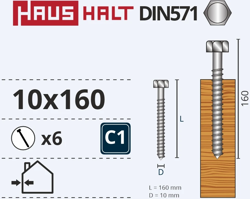 Medvaržčiai Haushalt, DIN571, 10,0 x 160 mm, ZN, 6 vnt.