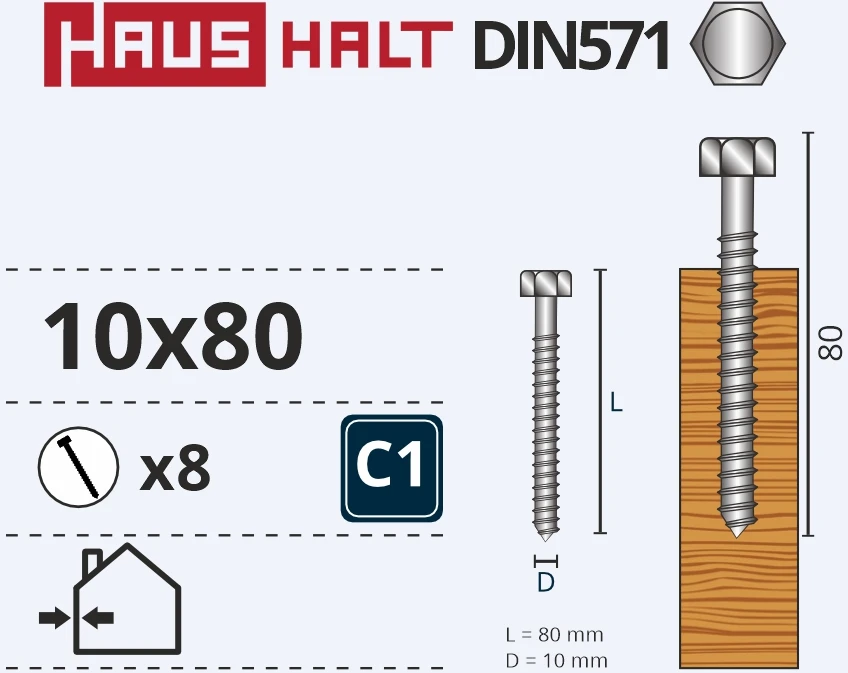 Medvaržčiai Haushalt, DIN571, 10,0 x 80 mm, ZN, 8 vnt.