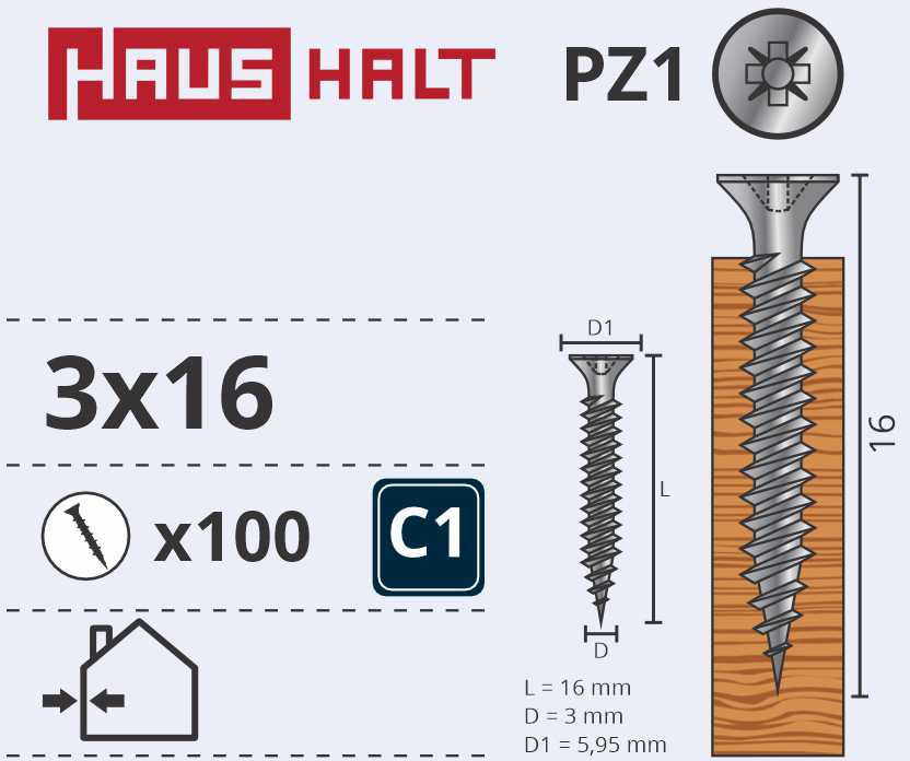 Medsraigčiai Haushalte, 3 x 16 mm, ZN, PZ1, 100 vnt.