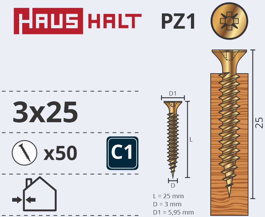 Medsraigčiai Haushalt, 3 x 25 mm, ZN, PZ1, 50 vnt.