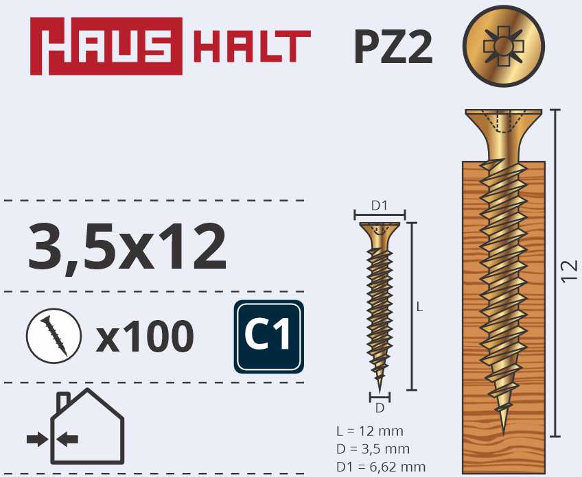 Medsraigčiai Haushalt, 3,5 x 12 mm, ZN, PZ2, 100 vnt.