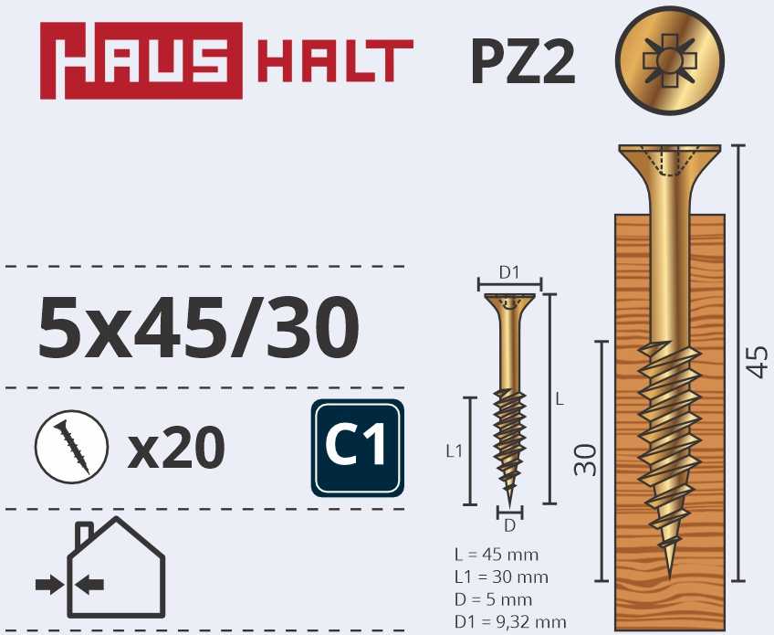 Medsraigčiai Haushalt, 5 x 45/30 mm, ZN, PZ2, 20 vnt.