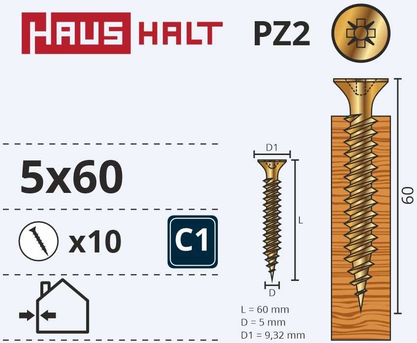 Grąžtas Haushalt Fischer CHIPBOARD SCREW 5.0X60 YLW ZP 10PCS G2