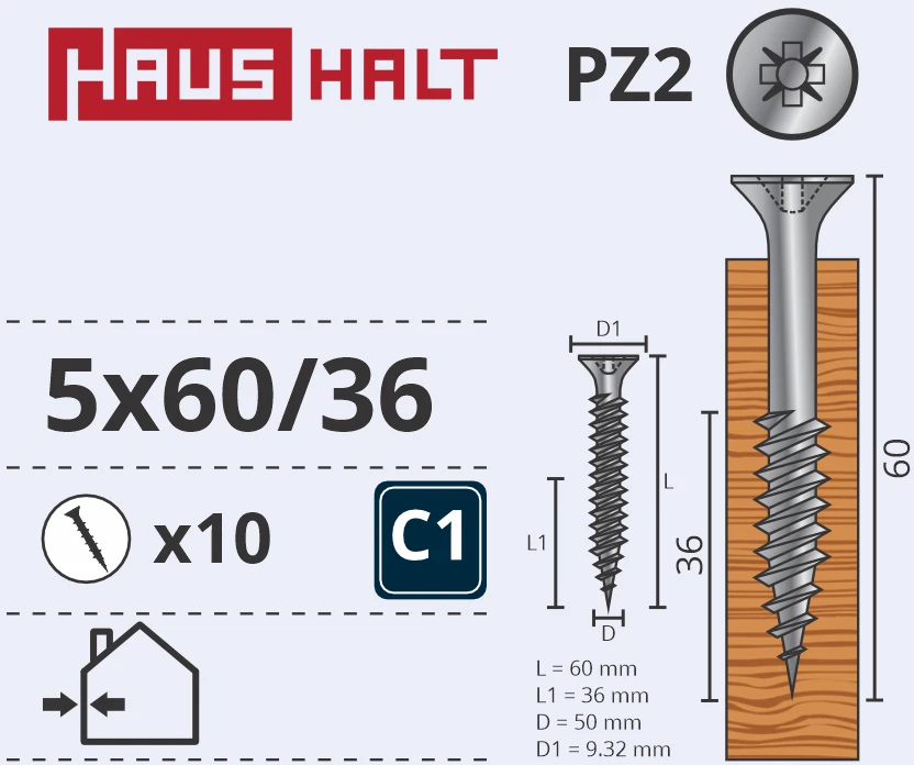 Medsraigčiai Haushalt, 5 x 60/36 mm, ZN, PZ2, 10 vnt.