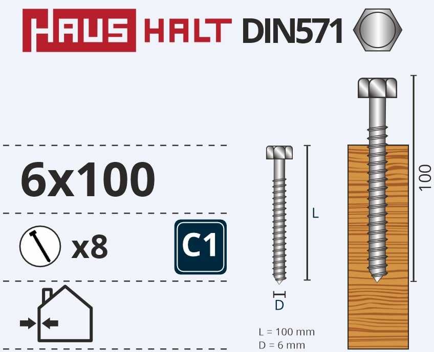 Haushalt „Žalias Cell“ medžio drožlių plokštės varžtai DIN571 6X100 8 vnt.